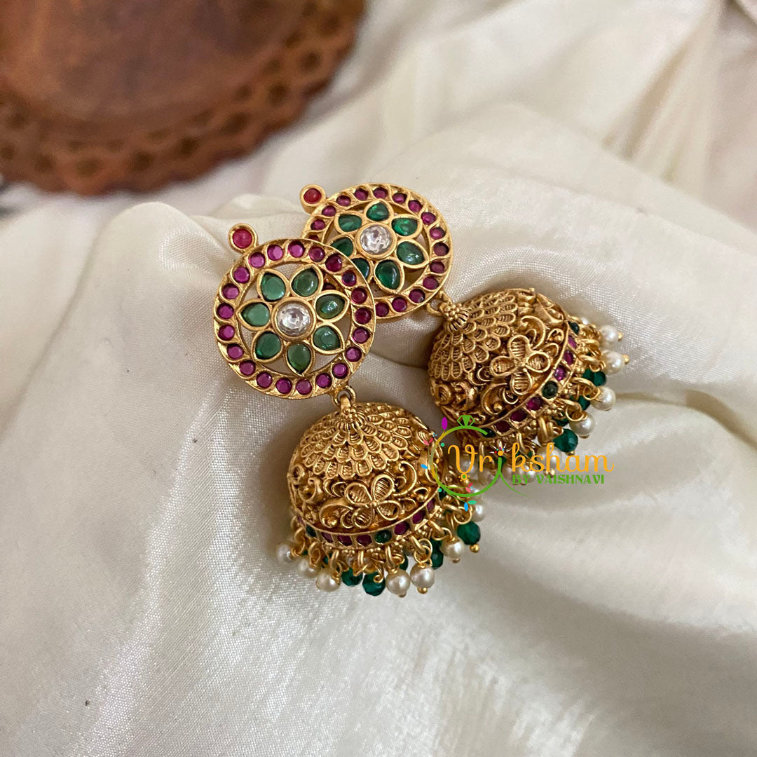 Premium AD Stone Jhumkas -Bridal Jhumkas -Green Bead -G9160