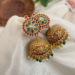 Premium AD Stone Jhumkas -Bridal Jhumkas -Green Bead -G9160