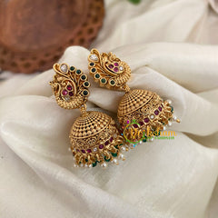 Premium Peacock AD Stone Jhumkas -Green Bead- G9139