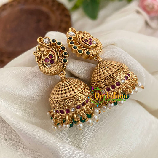 Premium Peacock AD Stone Jhumkas -Green Bead- G9139