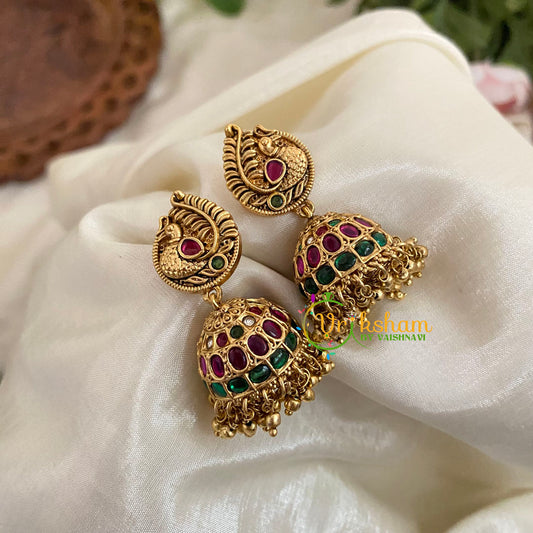 Traditional Red Green AD Stone Peacock Jhumkas - G9136