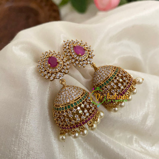 American Diamond Jhumkas -Red Tilak-G9116