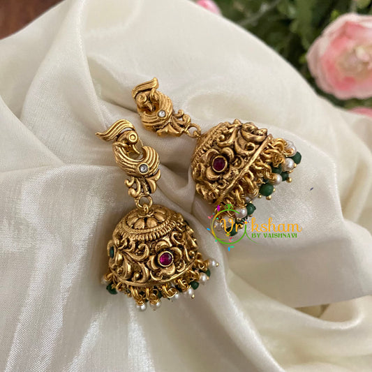 Premium Peacock AD Stone Jhumkas -green bead- G9131