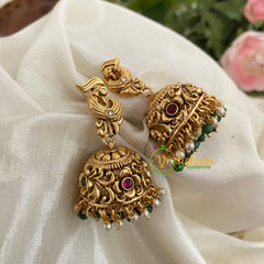 Premium Peacock AD Stone Jhumkas -green bead- G9131