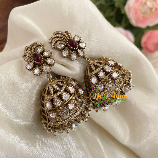 Maroon Victorian Diamond Jhumkas -Oval-VV791