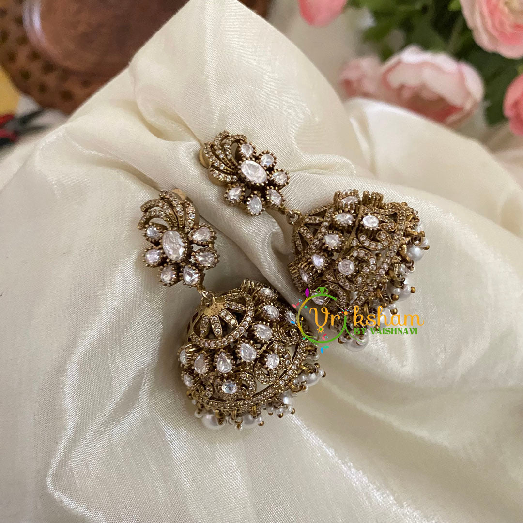 White Victorian Diamond Jhumkas -Oval -VV790