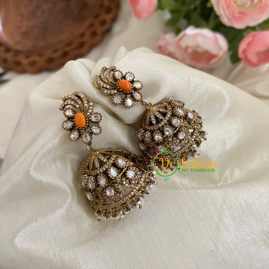 Peachish Orange Victorian Diamond Jhumkas -Oval -VV789