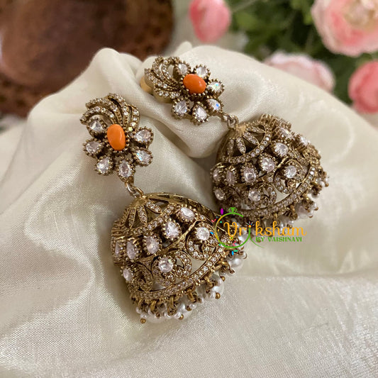 Peachish Orange Victorian Diamond Jhumkas -Oval -VV789