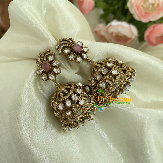 Pastel Pink Victorian Diamond Jhumkas -Oval -VV787