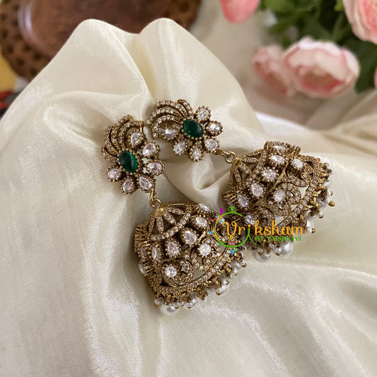 Dark Green Victorian Diamond Jhumkas -VV786