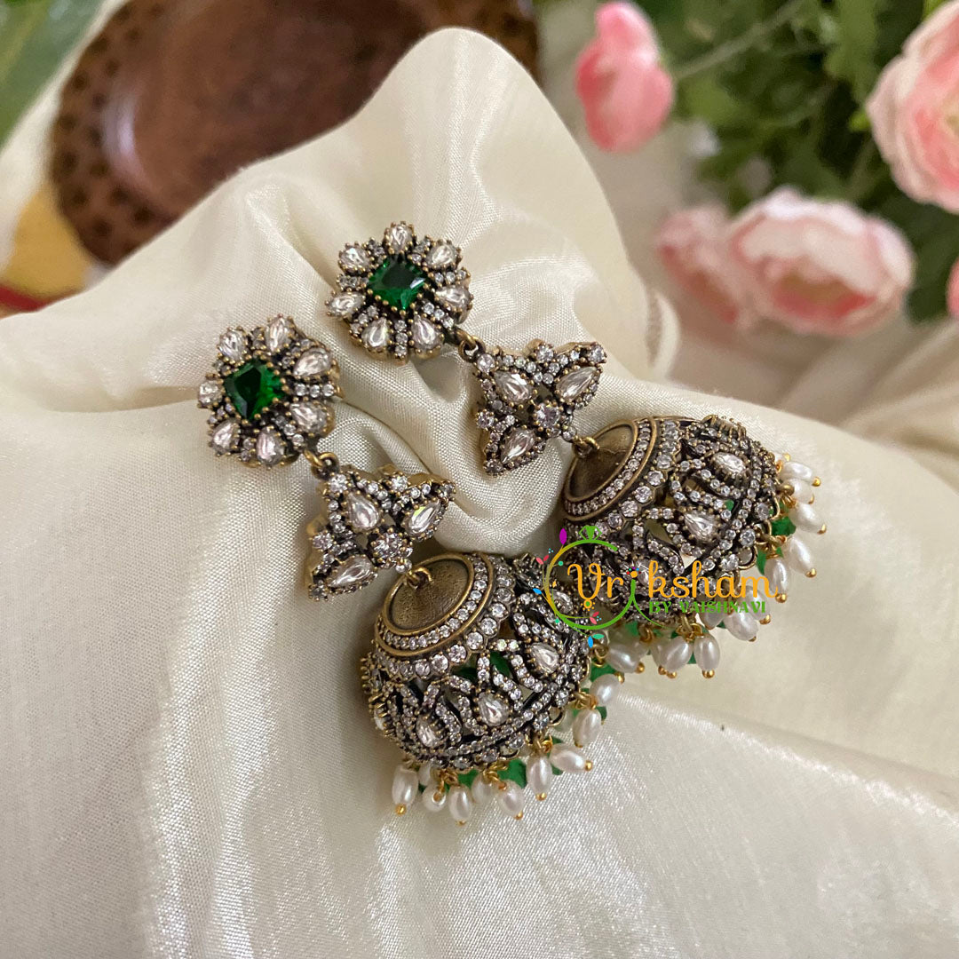 Green Victorian Diamond Jhumkas -Two Tier Jhumaks-VV783