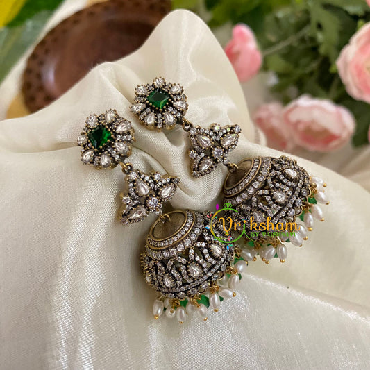 Green Victorian Diamond Jhumkas -Two Tier Jhumaks-VV783