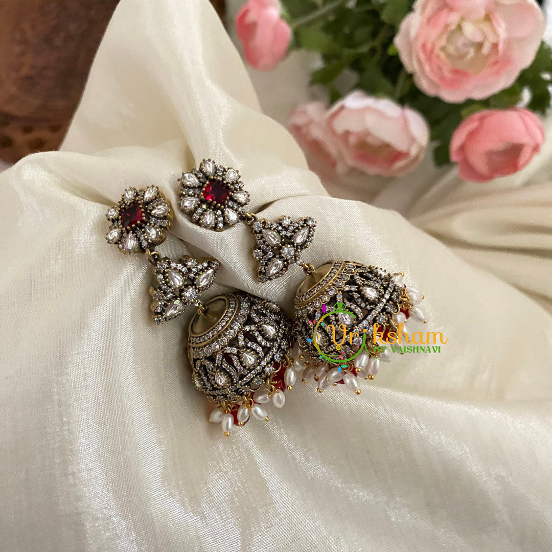 Maroon Red Victorian Diamond Jhumkas -Two Tier Jhumkas-VV782