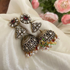 Maroon Red Victorian Diamond Jhumkas -Two Tier Jhumkas-VV782