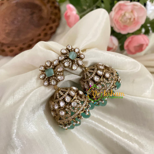 Pastel Green Victorian Diamond Jhumkas -Square-VV781