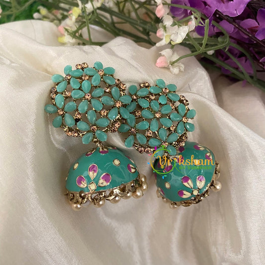 Meenakari Jhumkas -Teal Green-G2955