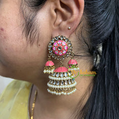 Festive Kundan Meenakari Jhumkas-Coral-G5041