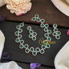 Premium American Diamond Short Neckpiece -Green-WHITE TONE-G6912