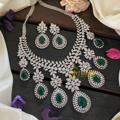 Bridal American Diamond Short Neckpiece-Green-WHITE TONE-G6909