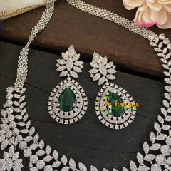 Bridal American Diamond Short Neckpiece-Green-WHITE TONE-G6909