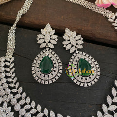 Bridal American Diamond Short Neckpiece-Green-WHITE TONE-G6909