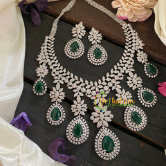 Bridal American Diamond Short Neckpiece-Green-WHITE TONE-G6909