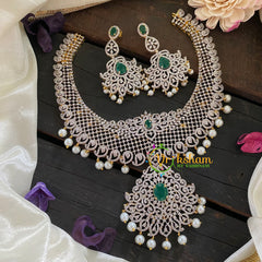 Bridal American Diamond Short Neckpiece-Green-G6908