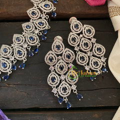 Bridal American Diamond Short Neckpiece-Blue-WHITE TONE-G6942