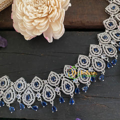 Bridal American Diamond Short Neckpiece-Blue-WHITE TONE-G6942