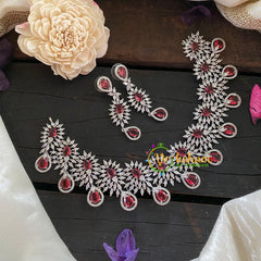 Bridal American Diamond Short Neckpiece-RED-WHITE TONE-G6916