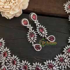 Bridal American Diamond Short Neckpiece-RED-WHITE TONE-G6916