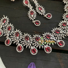 Bridal American Diamond Short Neckpiece-RED-WHITE TONE-G6916