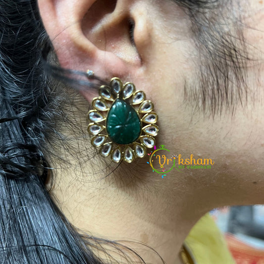  Kundan Studs- Stone Pear Studs-Dark Green-G5012