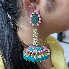 Cluster Pearl Meenakari Long Jhumkas-Teal-G5039