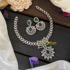 Premium American Diamond Short Neckpiece-Green-WHITE TONE-G6910