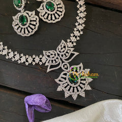 Premium American Diamond Short Neckpiece-Green-WHITE TONE-G6910