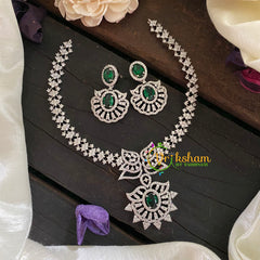 Premium American Diamond Short Neckpiece-Green-WHITE TONE-G6910