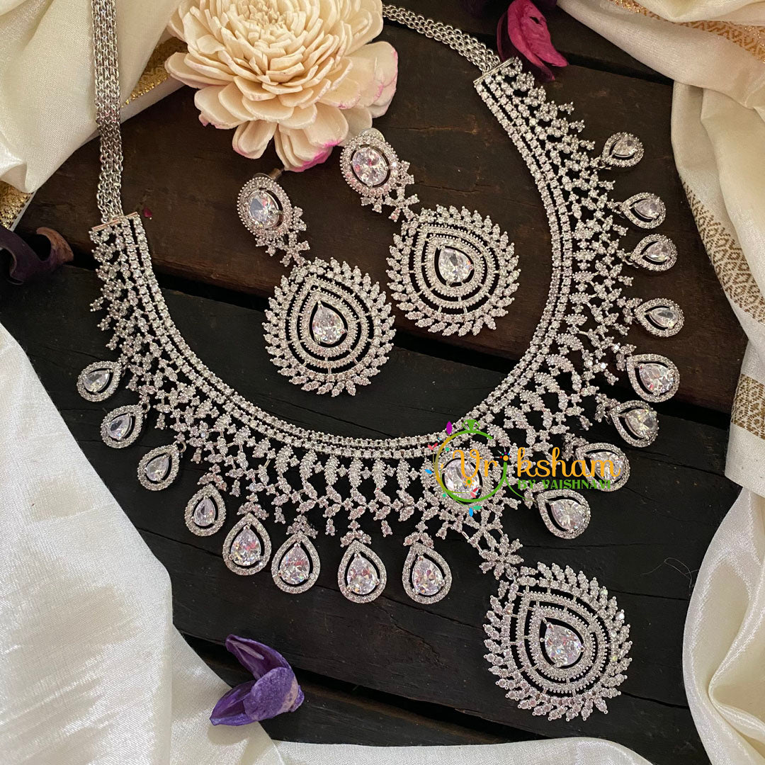 Bridal American Diamond Mid Length Neckpiece-WHITE-G6836