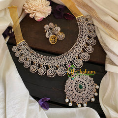 Bridal American Diamond Mid Length Neckpiece-Green-G6899