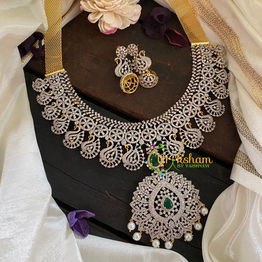 Bridal American Diamond Mid Length Neckpiece-Green-G6899