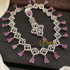 White Tone American Diamond Choker Short Neckpiece-Pink-G7023