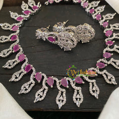 White Tone American Diamond Choker Short Neckpiece-Pink-G7025