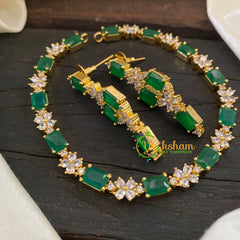 Gold Tone American Diamond Choker Short Neckpiece-Green-G7002