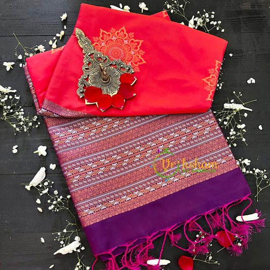 Peachy Red with Purple Pallu Soft Silk Saree-VS49