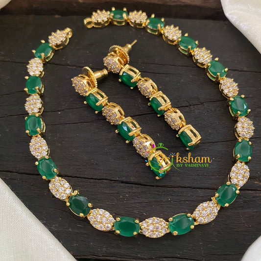 Gold Tone American Diamond Choker Short Neckpiece-Green-G7003