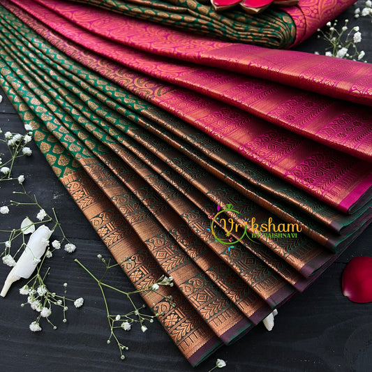 Green with Pink Red Border Soft Silk Saree-VS27