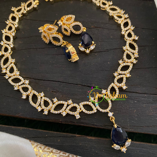 Gold Tone American Diamond Choker Short Neckpiece-Dark Blue-G7036