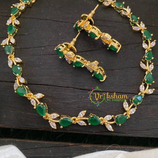 Gold Tone American Diamond Choker Short Neckpiece-Green-G7005