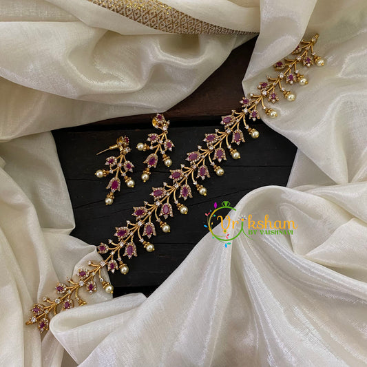 Gold Tone American Diamond Choker Short Neckpiece-Pink-G7015