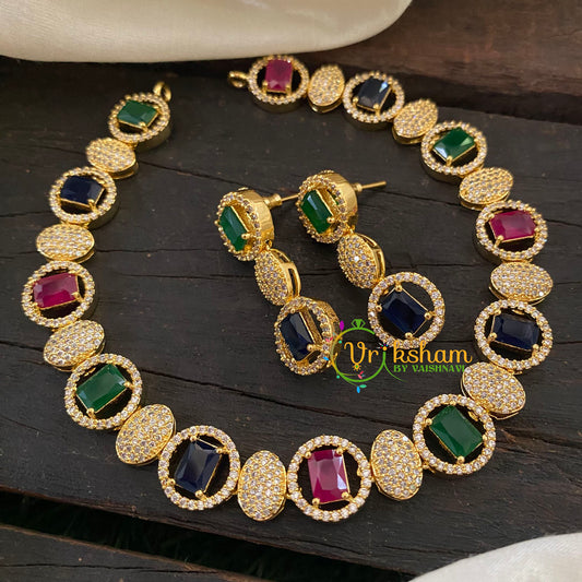 Gold Tone American Diamond Choker Short Neckpiece-Multicolor-G7057